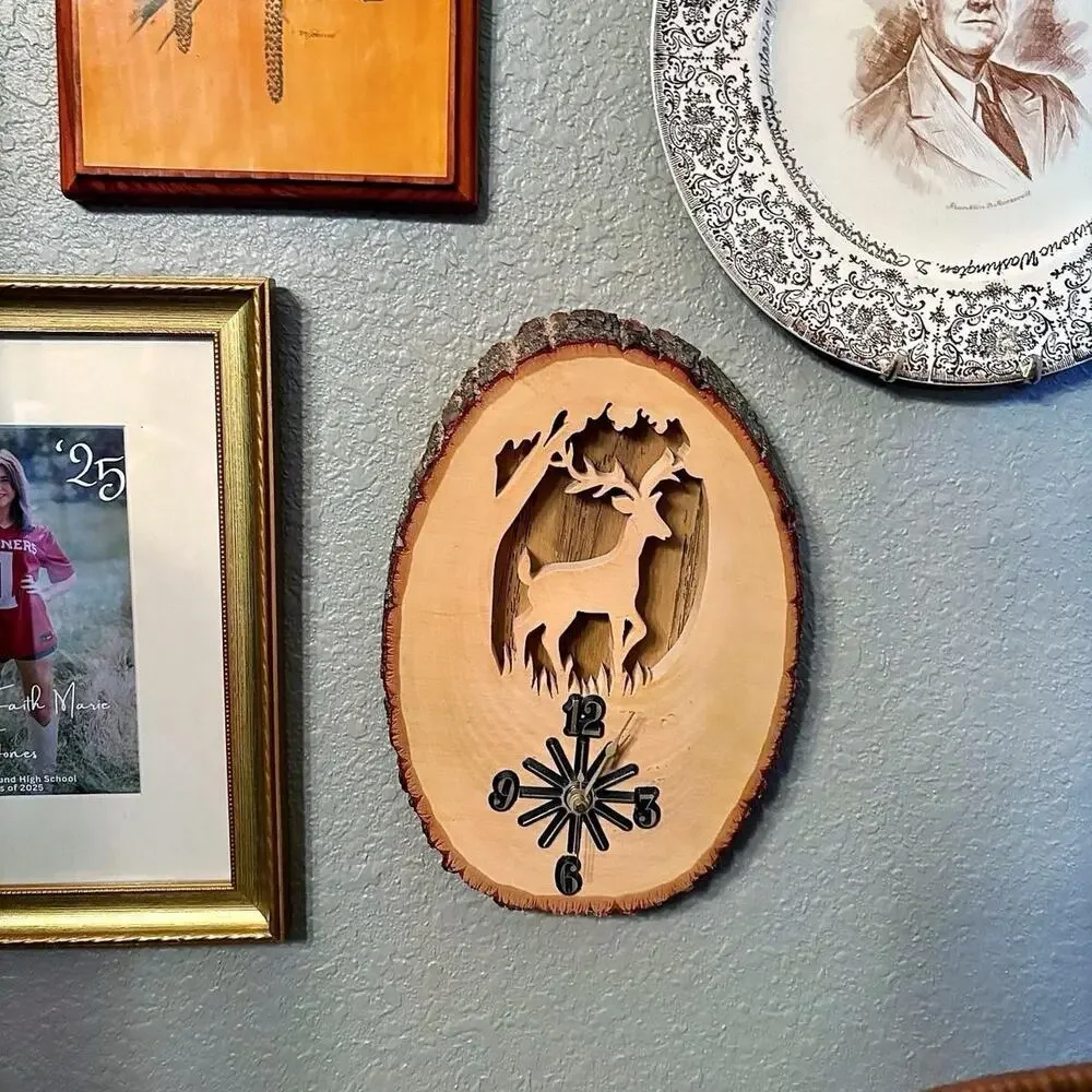 Vintage Hand Carved Wood Wall Clock Deer Forest Rustic Bark Edge Works
